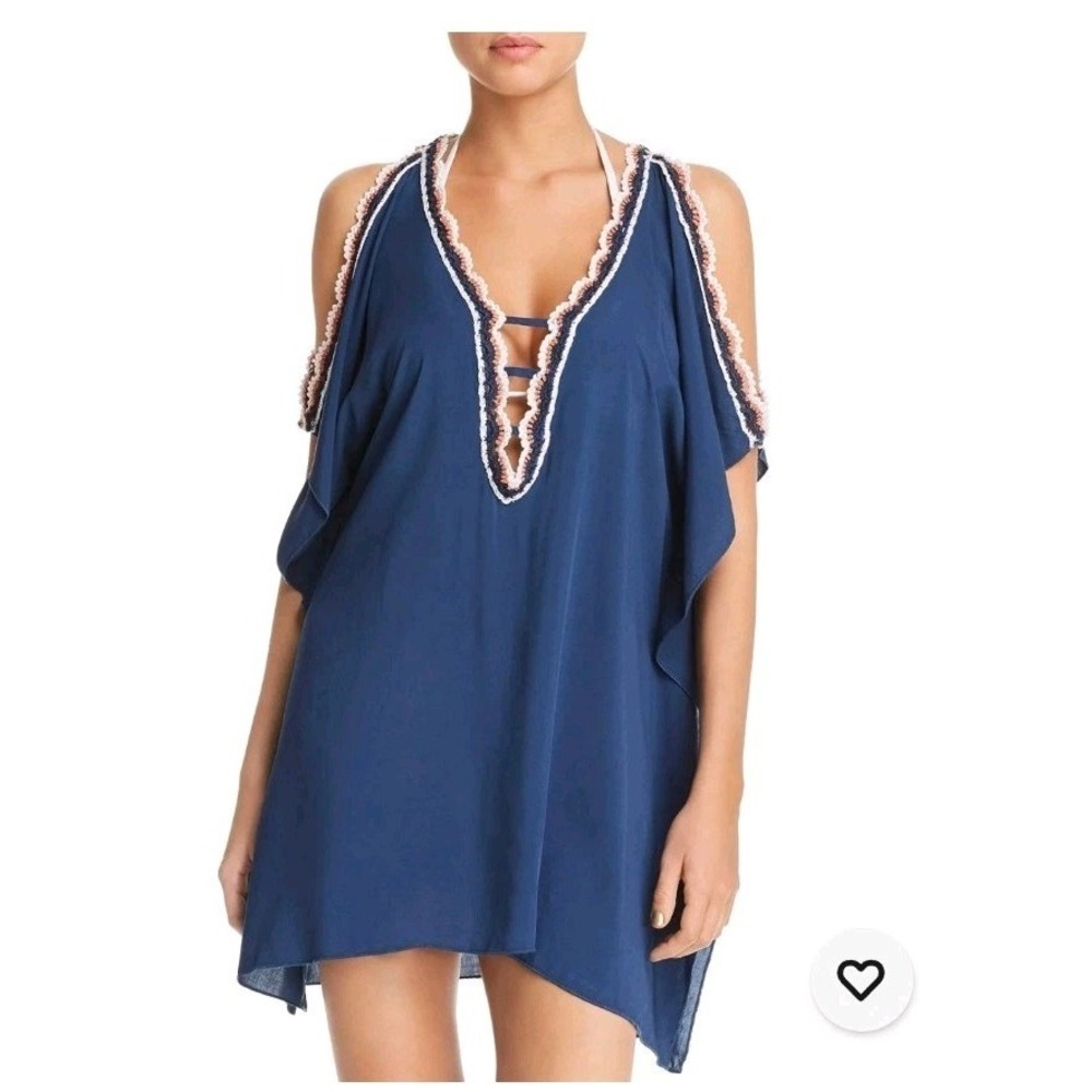 Becca Womens Medina Crochet Trim Cold Shoulder Tunic Top NWT Size Small Navy